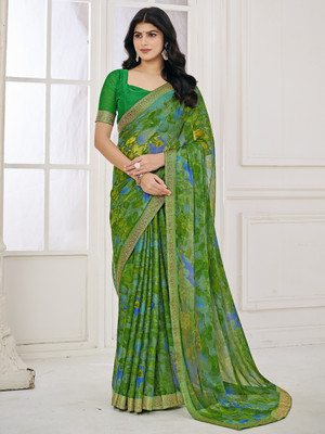 Divastri Floral Print Bollywood Chiffon Saree(Light Green)