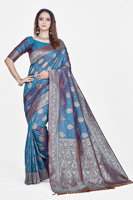Homigoz Woven Banarasi Silk Blend Saree(Blue)