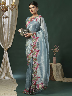 Sareemall Embroidered Bollywood Organza Saree(Light Blue)
