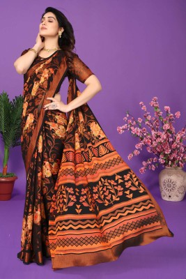 Divastri Floral Print Bollywood Chiffon Saree(Black)