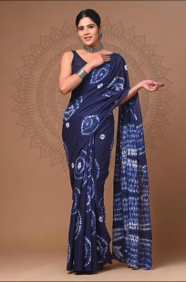 Om Traders Printed Saree with Attached Blouse Cotton Silk Saree(Dark Blue)