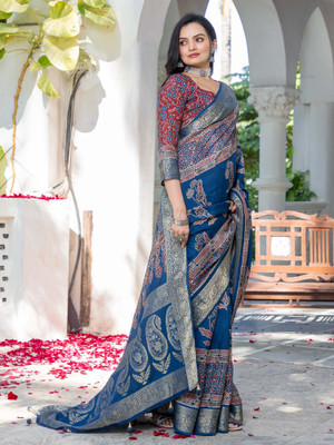 Sareemall Printed Chinnalapattu Viscose Rayon Saree(Dark Blue)