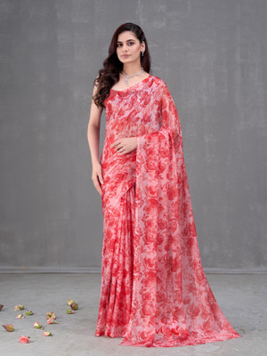 GARDEN VARELI Floral Print Bollywood Chiffon Saree(Red)