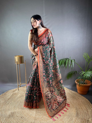 SGF11 Self Design Handloom Cotton Linen Saree(Dark Green)