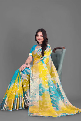 Aarunika LGF Solid/Plain Bollywood Organza Saree(Light Blue, Yellow)