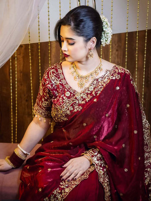 Mortile Designer Studio Embroidered Bollywood Georgette Saree(Maroon)