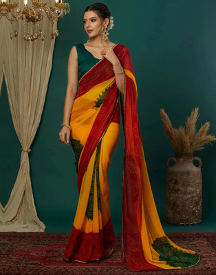 Samah Printed Bandhani Georgette, Lace Saree(Red, Yellow, Green)