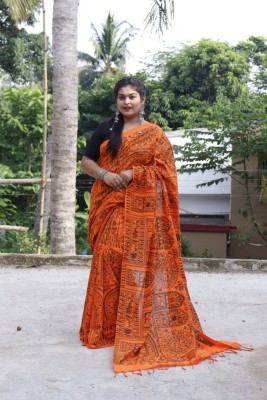 The Brothers Textiles Printed Daily Wear Cotton Blend Saree(Orange)