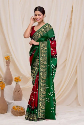 rajranitextiles Printed Bandhani Georgette Saree(Red, Green)