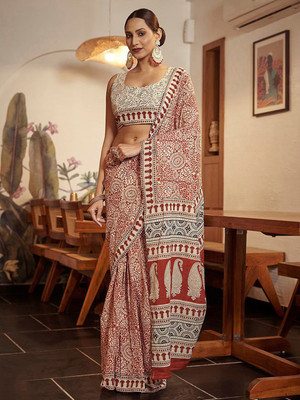 ANOUK Printed Daily Wear Pure Cotton Saree(Red)