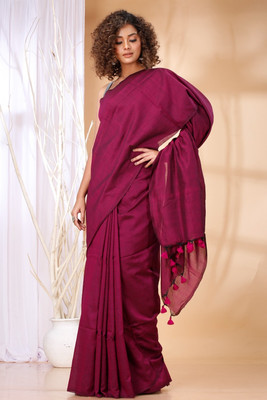 GOLU Solid/Plain Handloom Cotton Blend Saree(Maroon)