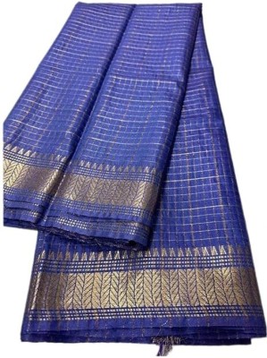 Aamir Fashion Textile Temple Border, Checkered Bollywood Handloom Silk Blend Saree(Blue)