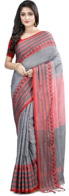 PuJoy Woven Handloom Pure Cotton Saree(Grey)