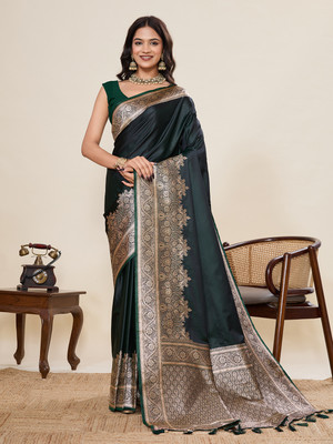 Upalksh Woven, Embellished Handloom Jacquard, Cotton Silk Saree(Green)