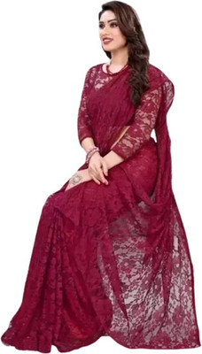 Vragi Floral Print Bollywood Net Saree(Pack of 2, Maroon)