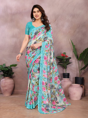 Moda Rapido Self Design, Printed, Floral Print Regular Sari Georgette Saree(Light Blue)