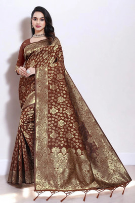 Pikham Self Design Banarasi Art Silk Saree(Brown)