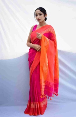 Sandhyatara Woven Handloom Pure Cotton Saree(Pink, Orange)