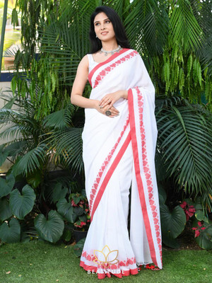 ArushiCreation Solid/Plain Tant Handloom Pure Cotton Saree(White)