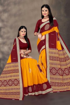 ETHNIC ODISHA HANDLOOM Printed, Digital Print, Geometric Print, Checkered, Polka Print, Graphic Print Sambalpuri Pure Cotton Saree(Orange, Maroon, Gold, Red)