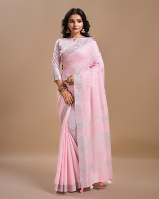 NEGRONI Solid/Plain Daily Wear Linen Saree(Pink)