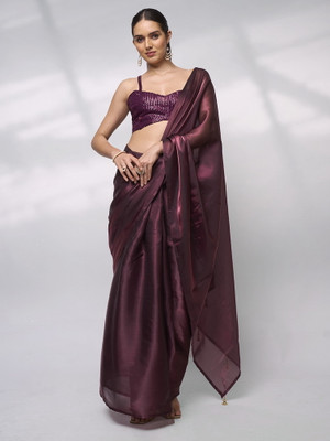 Kalista Solid/Plain Bollywood Organza Saree(Purple)
