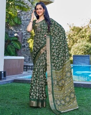 SIRIL Floral Print, Printed, Embellished Bollywood Silk Blend Saree(Dark Green, Cream, Yellow)