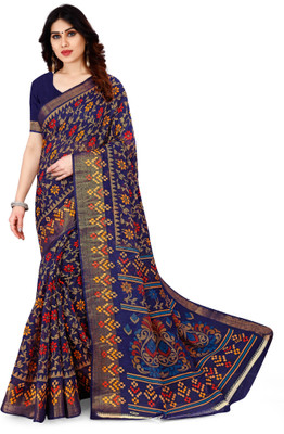 estrella fashion Floral Print Bollywood Cotton Linen Saree(Blue)