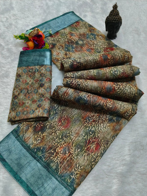 MAANVIT Printed Bollywood Cotton Linen, Linen Saree(Brown)