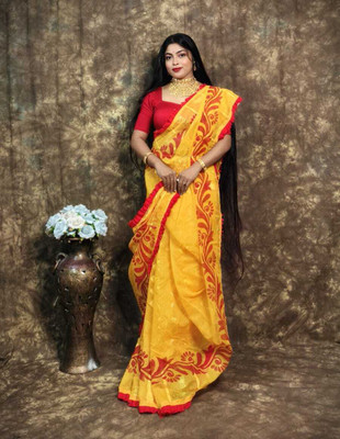 Pasum's Self Design, Floral Print Jamdani Cotton Silk, Pure Cotton Saree(Yellow, Red)