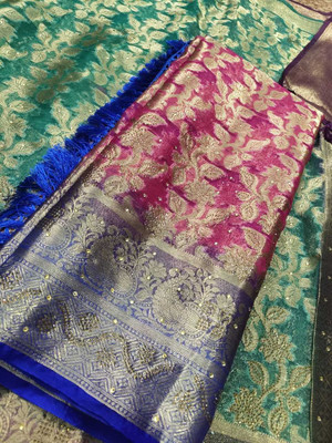 A K Traders Woven, Floral Print, Self Design Banarasi Organza Saree(Pink, Blue)