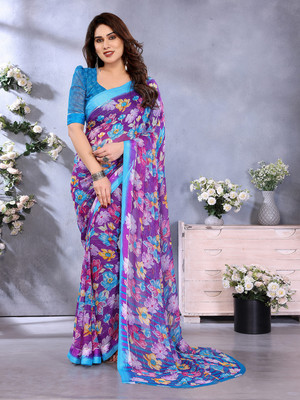 Anand Sarees Floral Print Bollywood Georgette Saree(Purple, Blue)