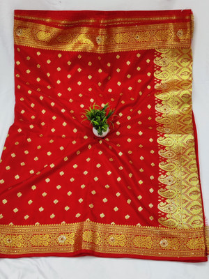 HANDALOOM Woven Banarasi Handloom Satin Saree(Red)
