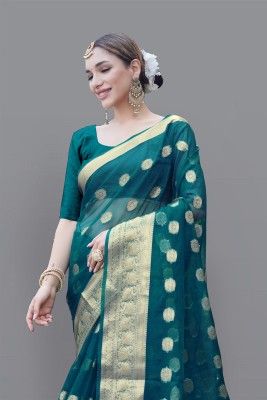 KOTHARI AF Woven Bandhani Organza Saree(Dark Green)