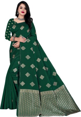 ZAKHRO Self Design Chanderi Cotton Silk Saree(Green)