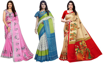 ANIRAV Printed Kalamkari Art Silk Saree(Pack of 3, Pink, White, Blue, Beige)