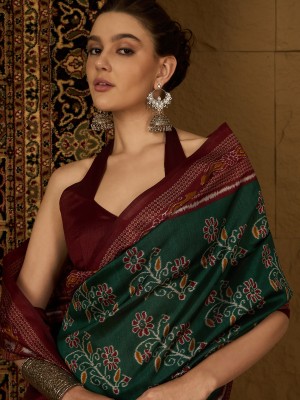 Sareemall Printed Ikkat Silk Blend Saree(Green)