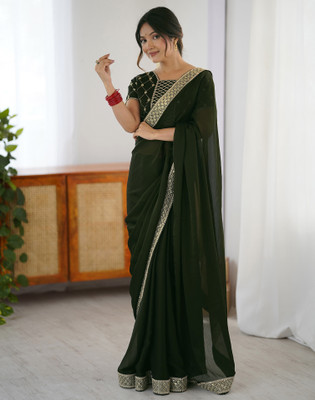 Satrani Solid/Plain Bollywood Chiffon Saree(Dark Green)