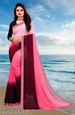 SNIXTY Color Block, Dyed, Embellished Bollywood Georgette Saree(Pink)