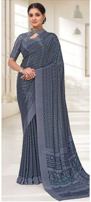 SEEYAASS Printed Daily Wear Crepe Saree(Grey)