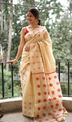 ANUVRATA Self Design Jamdani Cotton Linen Saree(Cream, Red)