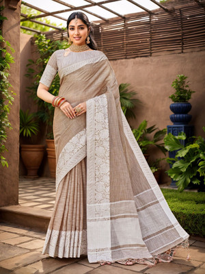 ANOUK Woven Bollywood Linen Saree(Brown)