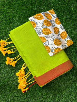 HouseOfCommon Solid/Plain, Printed Kalamkari Handloom Pure Cotton Saree(Light Green, Yellow)