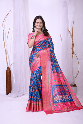 Divastri Floral Print Banarasi Cotton Silk Saree(Blue)