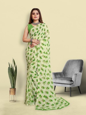 VISVASTA Floral Print Bollywood Georgette Saree(Green, White)