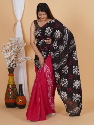 NIKHILAM Blocked Printed, Checkered, Printed, Dyed, Floral Print, Self Design, Digital Print Daily Wear Pure Cotton Saree(Black, Maroon)