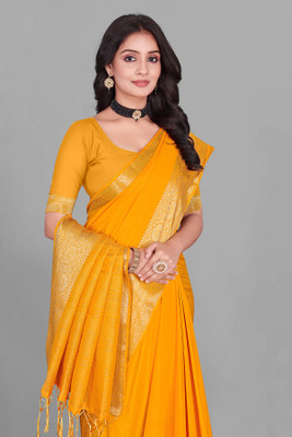 Aarunika SKT Solid/Plain Bollywood Pure Silk Saree(Yellow)