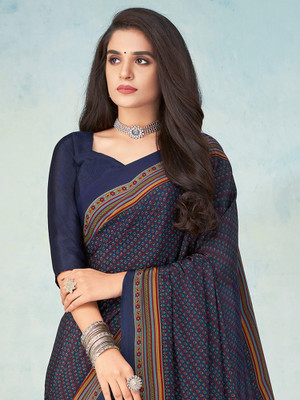Sareemall Printed Kalamkari Crepe Saree(Dark Blue)