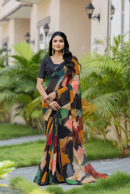 SILKORA Geometric Print Bollywood Chiffon Saree(Multicolor, Black)