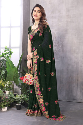 KB DESIGNER Embroidered, Floral Print, Embellished Bollywood Georgette Saree(Dark Green)